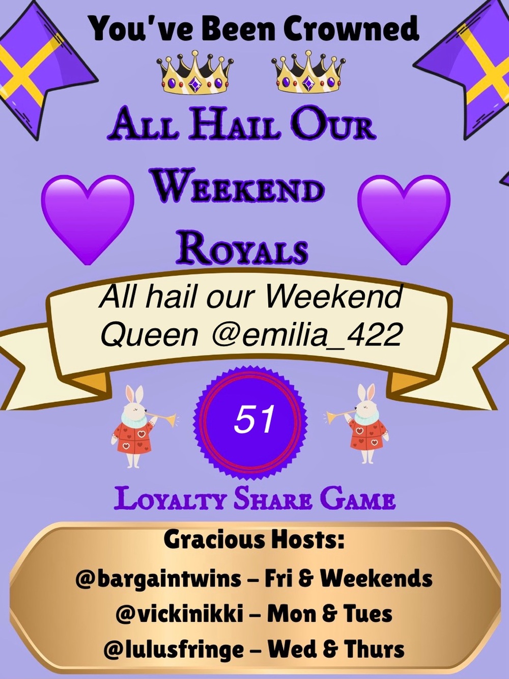 CHEERS TO OUR WEEKEND QUEEN 
⚜️💜 @emilia_422 💜⚜️
PLEASE RAIN SHARES ON HER REIGN
